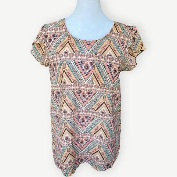 Japna Abstract Print Tulip Sleeve Flowy Short Sleeve Top Blouse Shirt. Small. - Picture 1 of 6